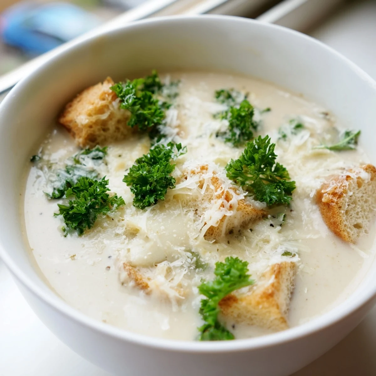 Creamy Garlic Bread Soup swirling in a bowl, garnished with fresh parsley for a warm, delicious lunch.