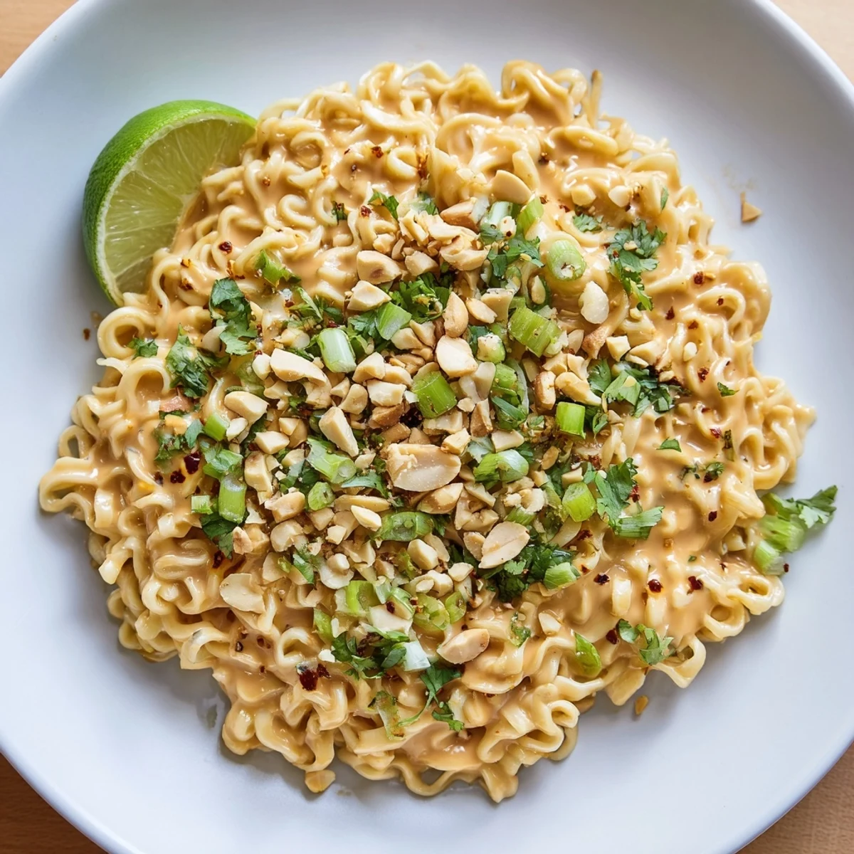 Close-up of freshly made Instant Peanut Thai Sauce Noodles; ready for a quick and satisfying dinner.