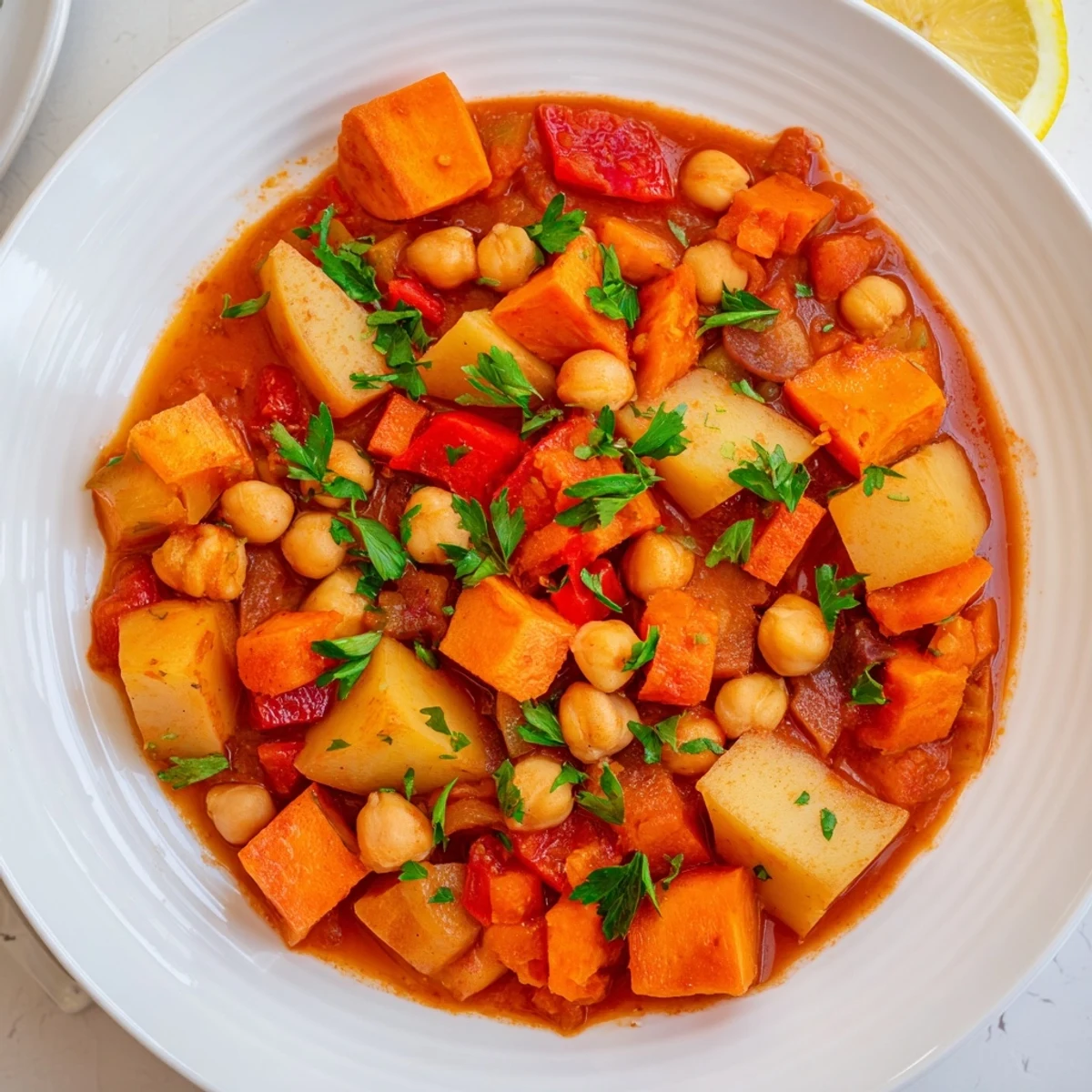 Rich, flavorful Hearty Vegan Sweet Potato Stew, steaming and ready to serve with fresh parsley.