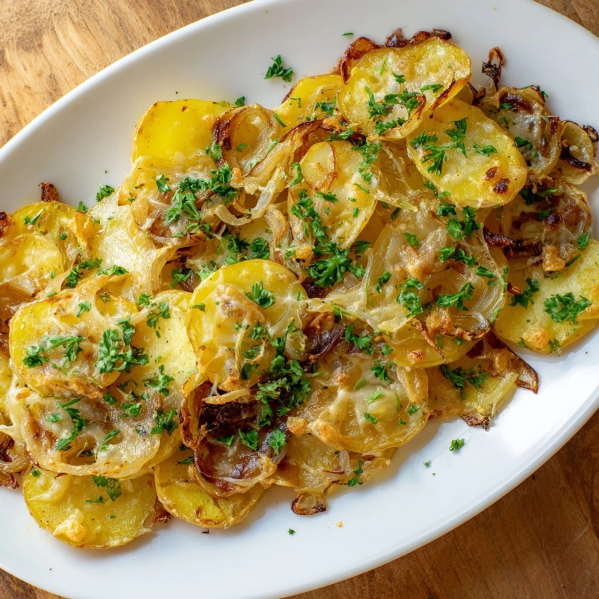 Golden, bubbly French Onion Soup Potatoes with melted Gruyère, side dish for dinner.