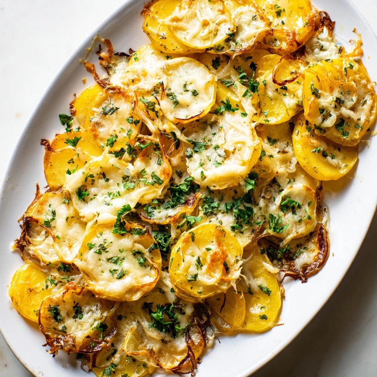 Oven-baked French Onion Soup Potatoes layered with caramelized onions and Gruyère cheese, ready to serve.