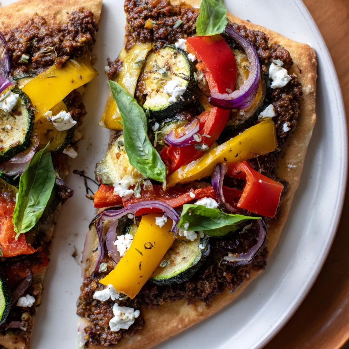 Golden naan bread pizza topped with colorful roasted vegetables, feta and olive tapenade.