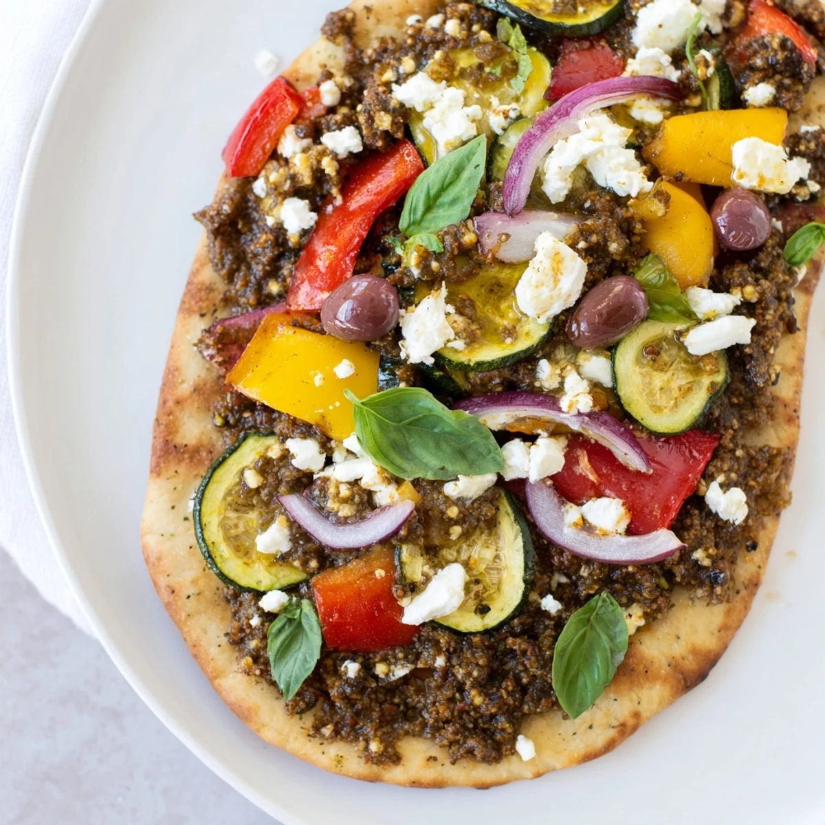 Crispy naan bread pizza features Mediterranean flavors: olive tapenade, feta, and sweet roasted veggies.