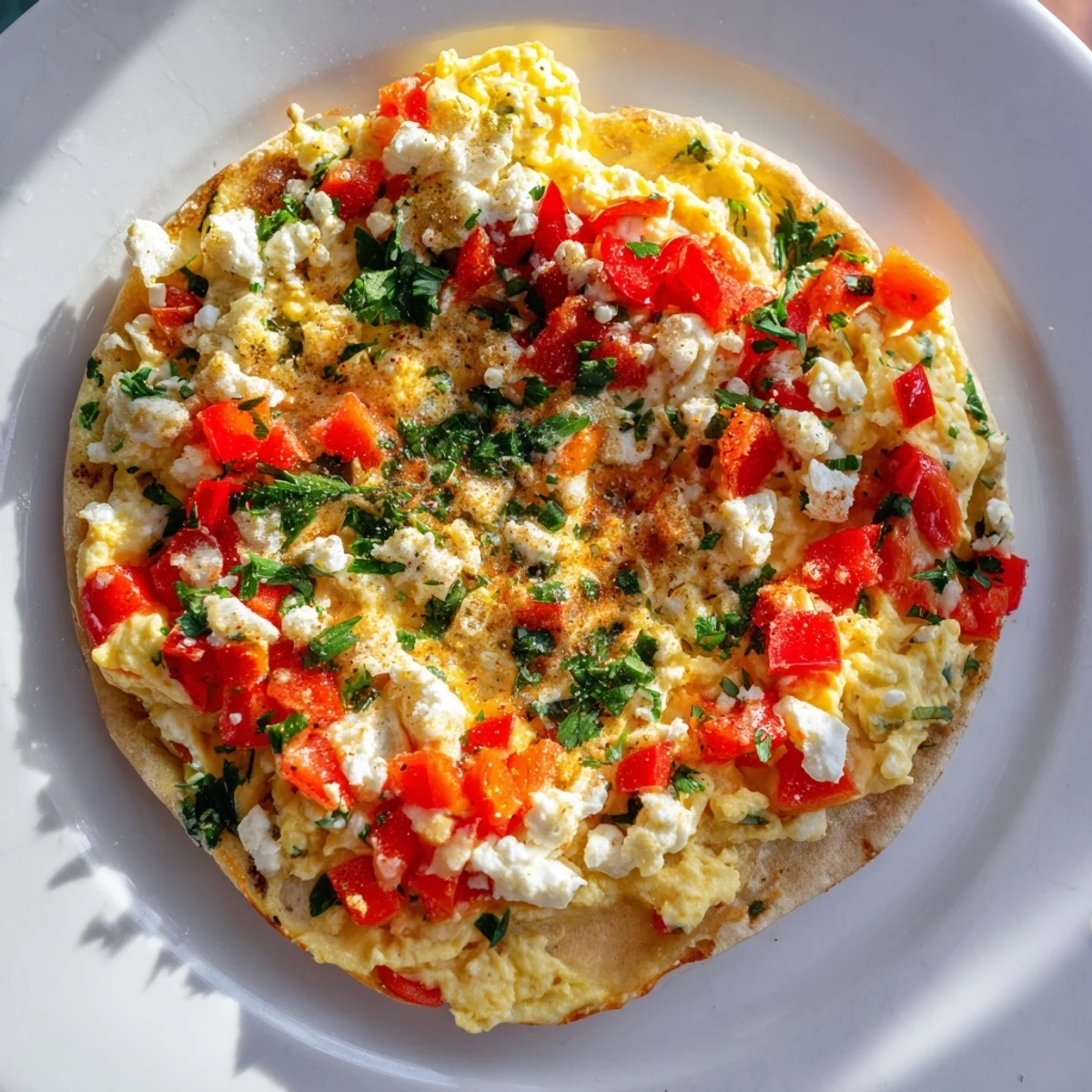 Golden-crusted Turkish Menemen Eggs Pizza, bubbling with flavorful eggs, peppers, and crumbled feta cheese.