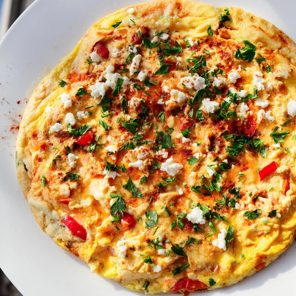 Freshly baked Turkish Menemen Eggs Pizza with a vibrant, colorful menemen topping and crispy crust.