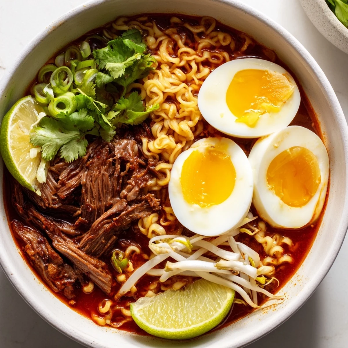 Chaos Cooking Birria Ramen: a flavorful bowl of tender shredded beef with ramen noodles and spicy broth.