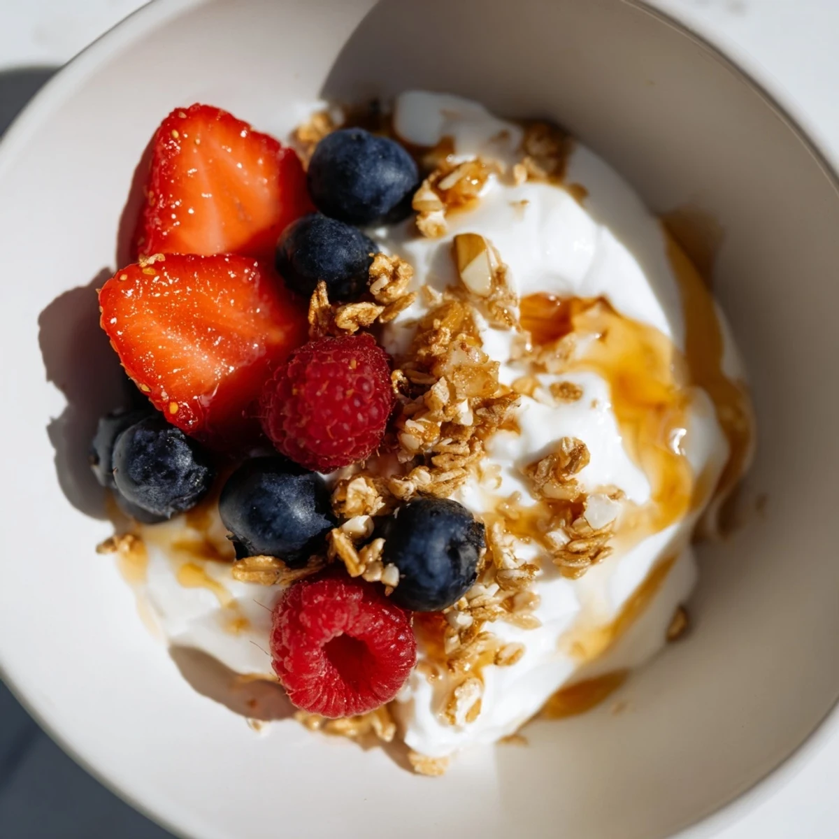 Image shows a beautifully arranged Cottage Cheese Hot Honey Bowl, showcasing a perfect breakfast with hot honey.