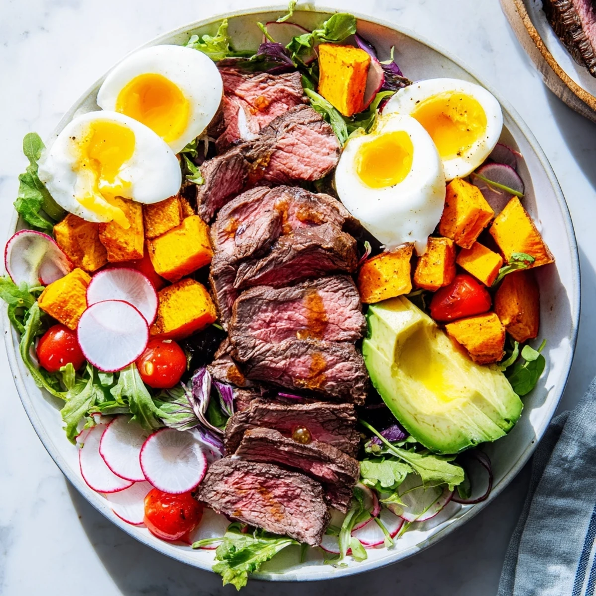 This nourishing High-Protein Beef Avocado Bowl showcases sliced beef, fresh greens, and a tangy dressing.