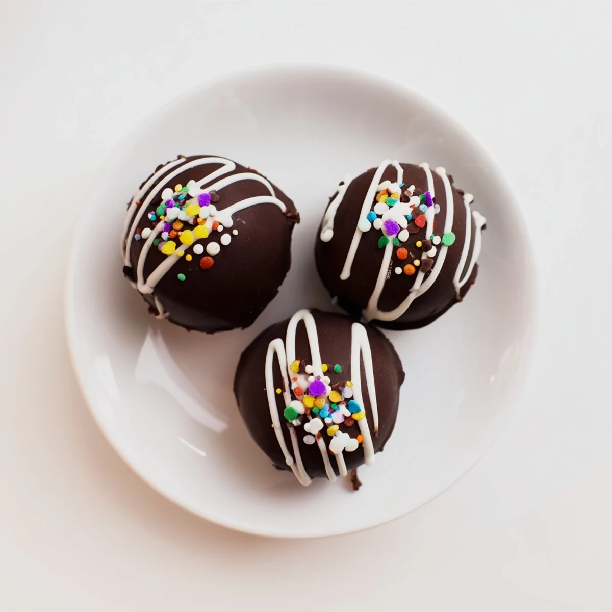 Seven glossy Hot Chocolate Bombs sit on a parchment-lined tray, topped with white chocolate drizzle and colorful sprinkles for a festive look.