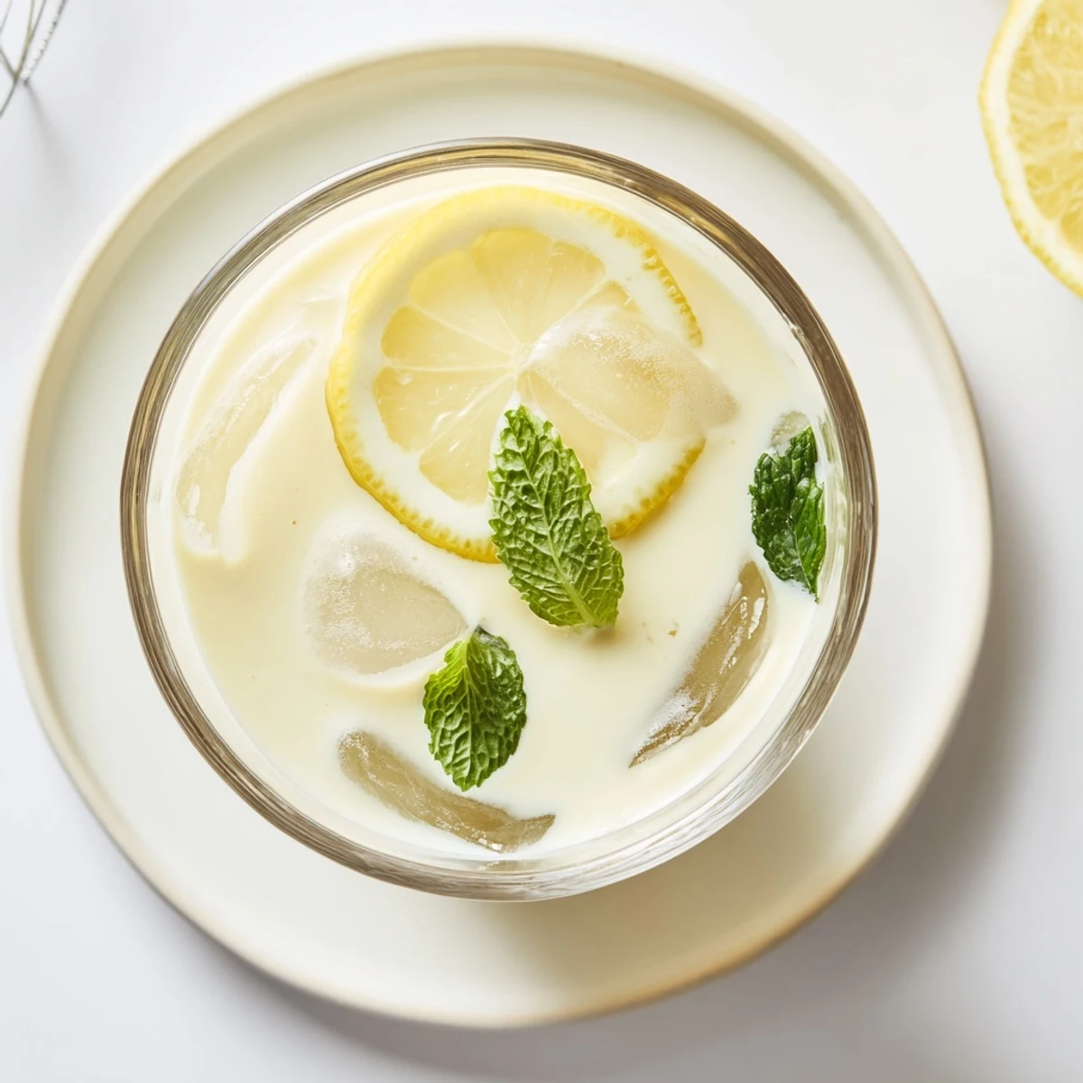 Creamy Lemonade Drink served over ice cubes, garnished with fresh mint leaves and bright lemon slices in a tall glass.