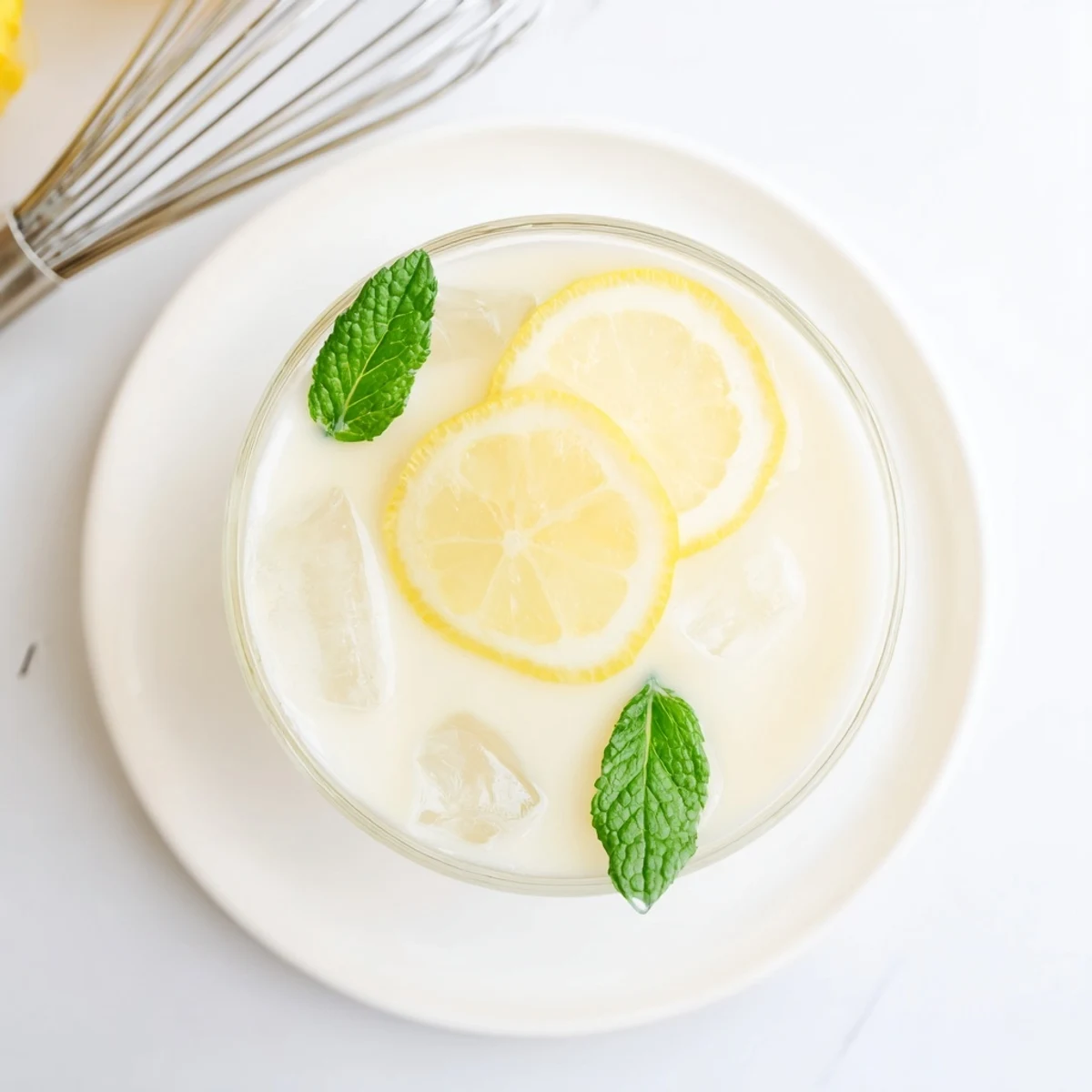 Close-up of Creamy Lemonade Drink in a chilled glass, showing a smooth, frothy top and vibrant yellow citrus garnish.