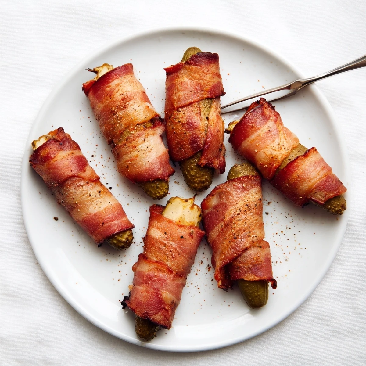 Twelve golden-brown bacon-wrapped pickle halves on a rustic platter, ideal for game day snacking.