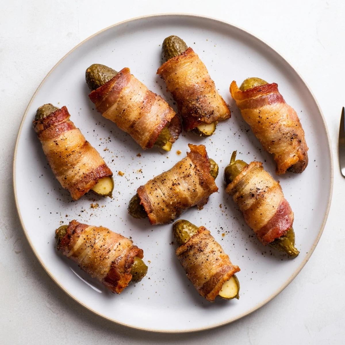 Crispy, smoky bacon tightly wrapped around dill pickle halves, baked to perfection for an appetizer.
