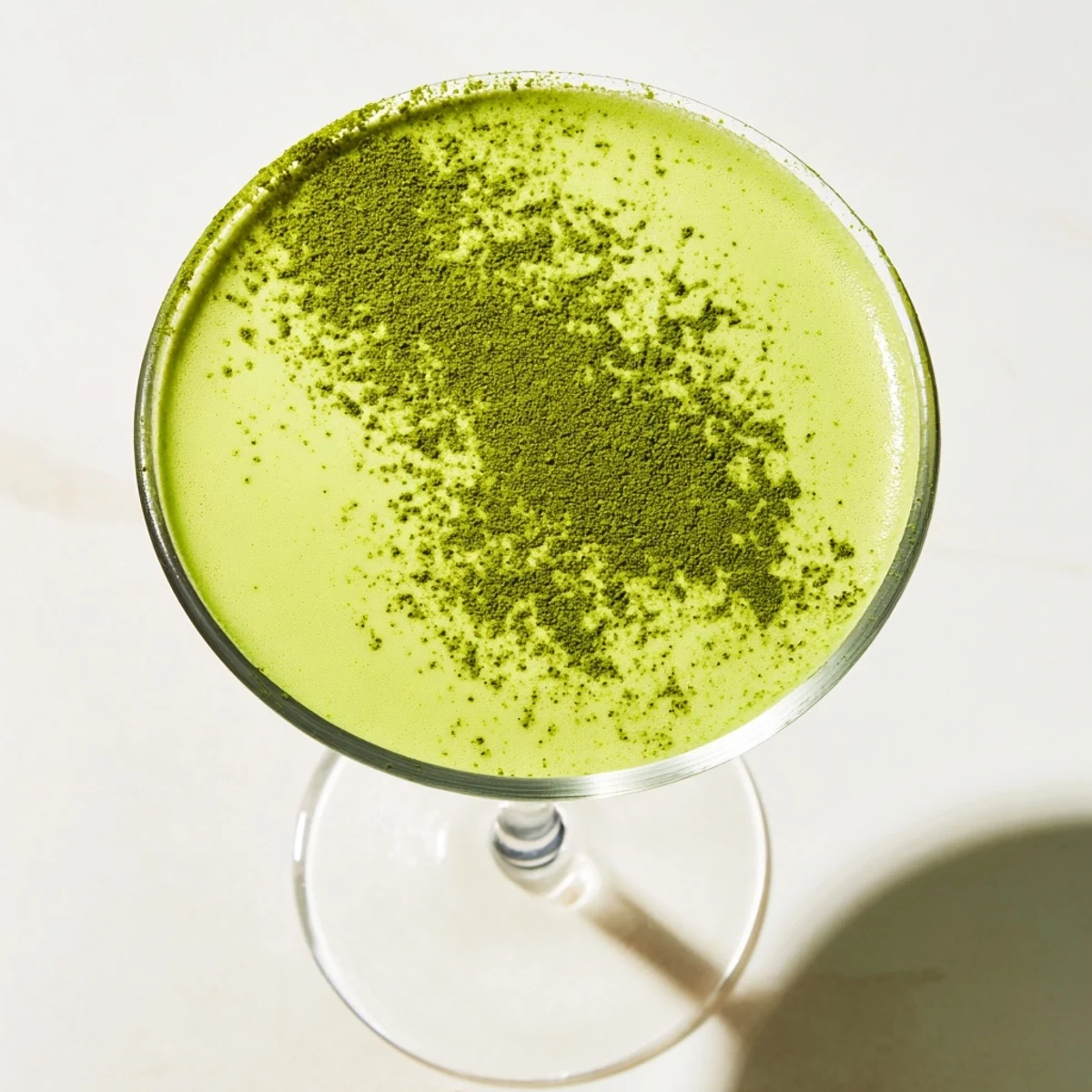 Matcha Martini garnished with white chocolate shavings, showing a smooth, velvety pour in a martini glass.  