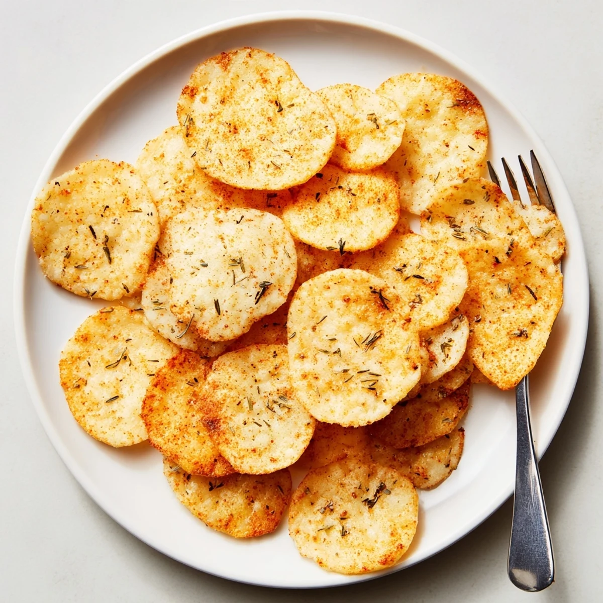 A close-up of seasoned Cottage Cheese Chips with a golden edge and soft center, paired with fresh herbs on a rustic wooden board.  
