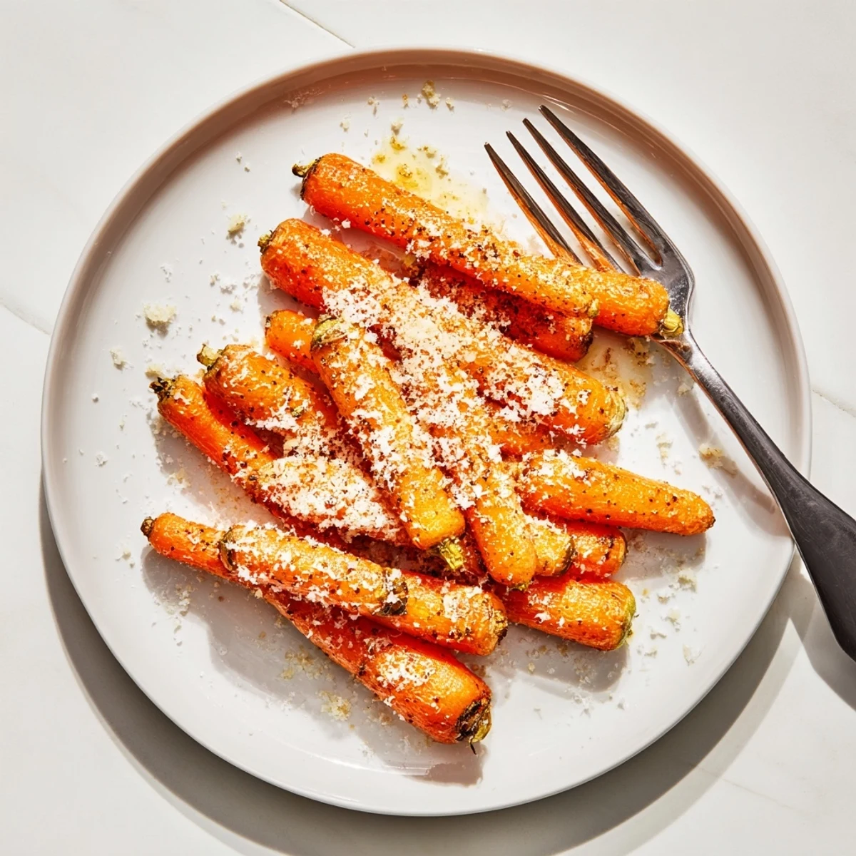 Golden-roasted baby carrots coated in Parmesan and honey, caramelized into crisp chips for a sweet-savory snack.