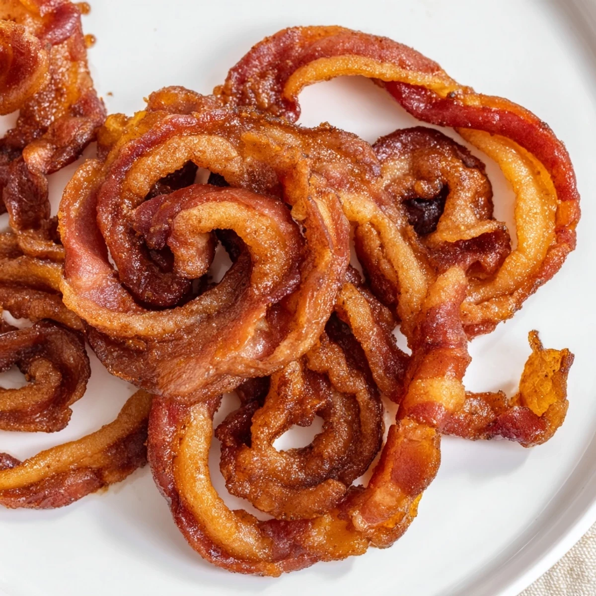 Sweet and savory spiced bacon twists, caramelized and served alongside mimosas on a party platter.