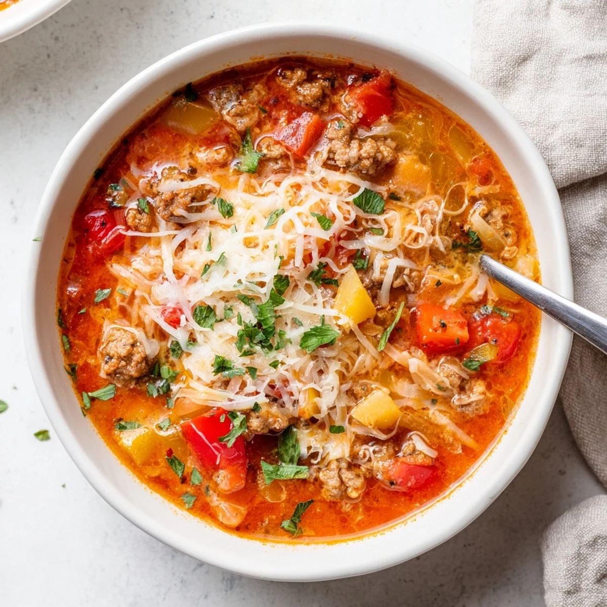 A steaming bowl of pizza soup brimming with Italian sausage, diced peppers, and bubbling mozzarella.  