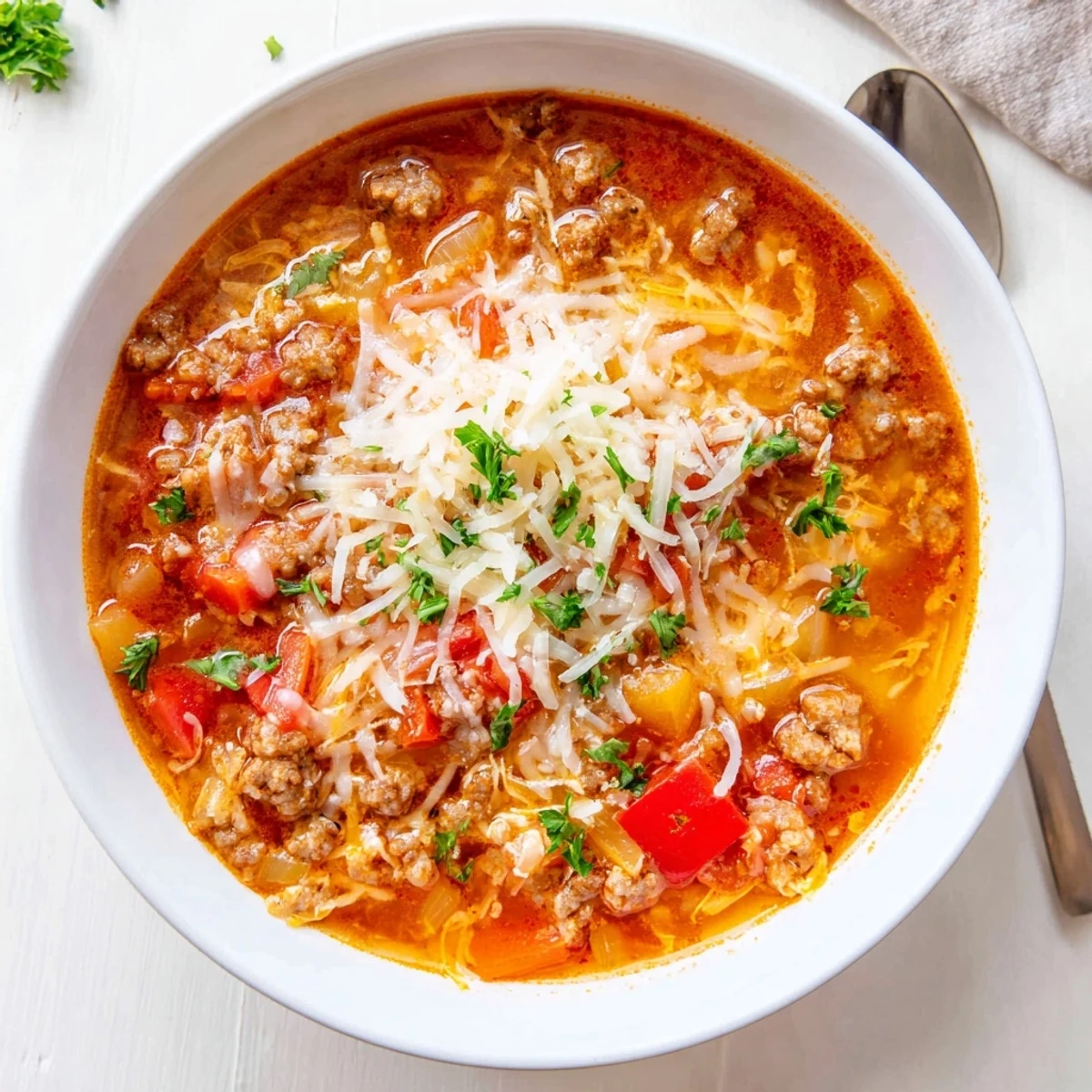 Cozy ladle of savory pizza soup topped with melted cheese and fresh basil garnish.  