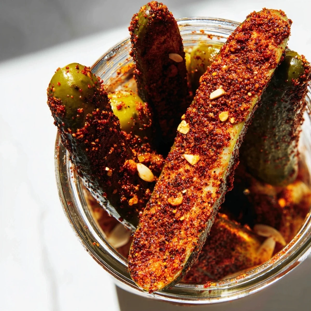 Bright green dill pickle spears submerged in a zesty taco seasoning brine with sliced jalapeños.