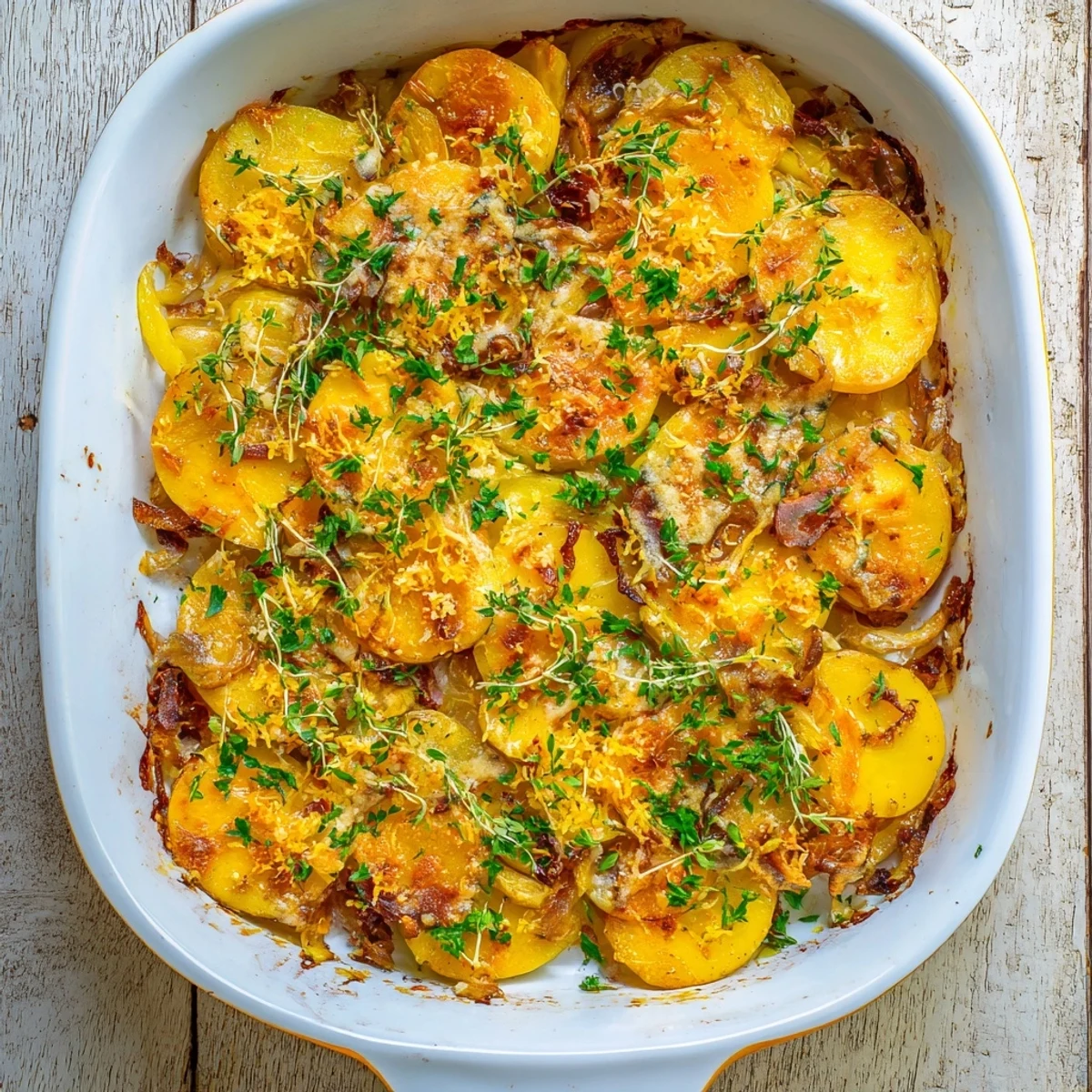 Golden roasted French Onion Soup Potatoes topped with bubbling Gruyère cheese, served warm in a baking dish.