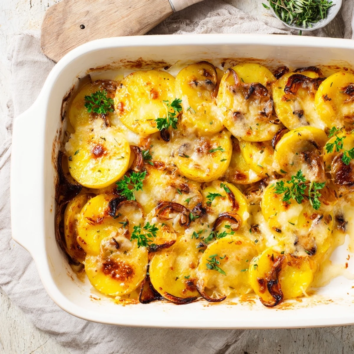 Melted Gruyère blankets golden French Onion Soup Potatoes layered with deeply caramelized onions, ready to serve.