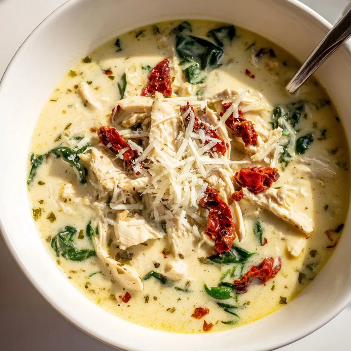 A close-up of Creamy Tuscan Chicken Soup in a rustic bowl, topped with melted Parmesan and fresh thyme beside crusty artisan bread.