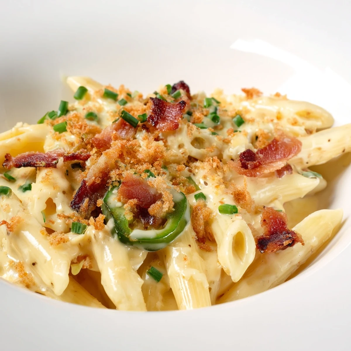 Hearty bowl of Jalapeño Popper Pasta tossed with penne, bacon bits, and a smoky, spicy cheese sauce.  