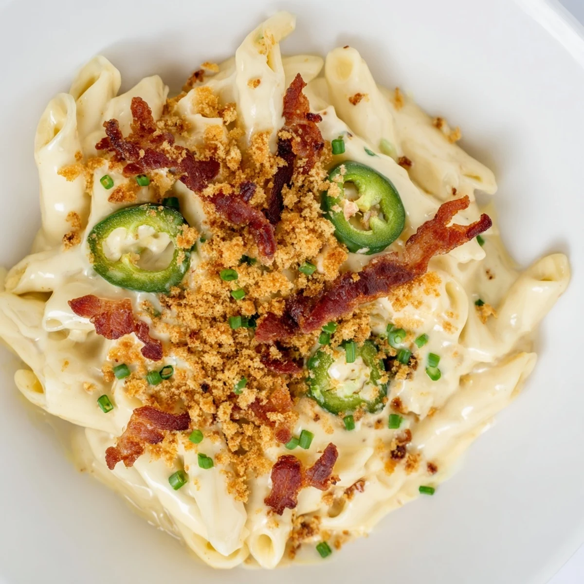 Steaming skillet of Jalapeño Popper Pasta topped with fresh chives and toasted panko breadcrumbs.