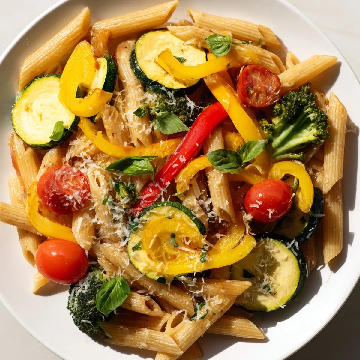 Pasta Primavera in a white bowl with roasted zucchini, bell peppers, and cherry tomatoes tossed in olive oil.  