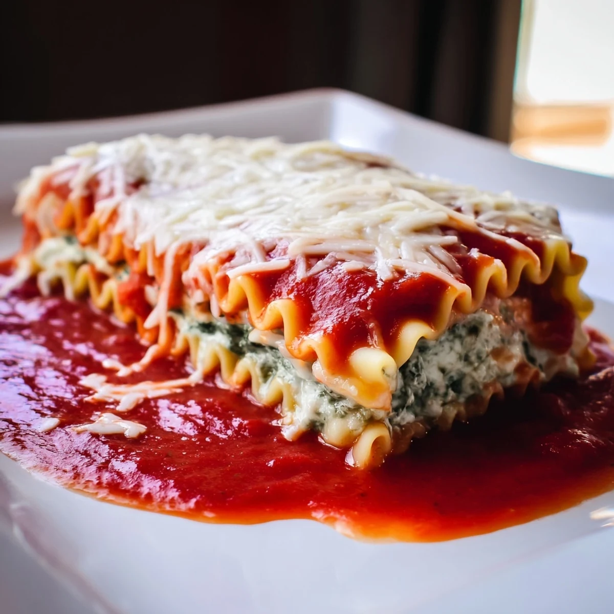 A close-up of savory Chicken and Spinach Lasagna Rolls served on a white plate, revealing layers of cheese and hearty filling.