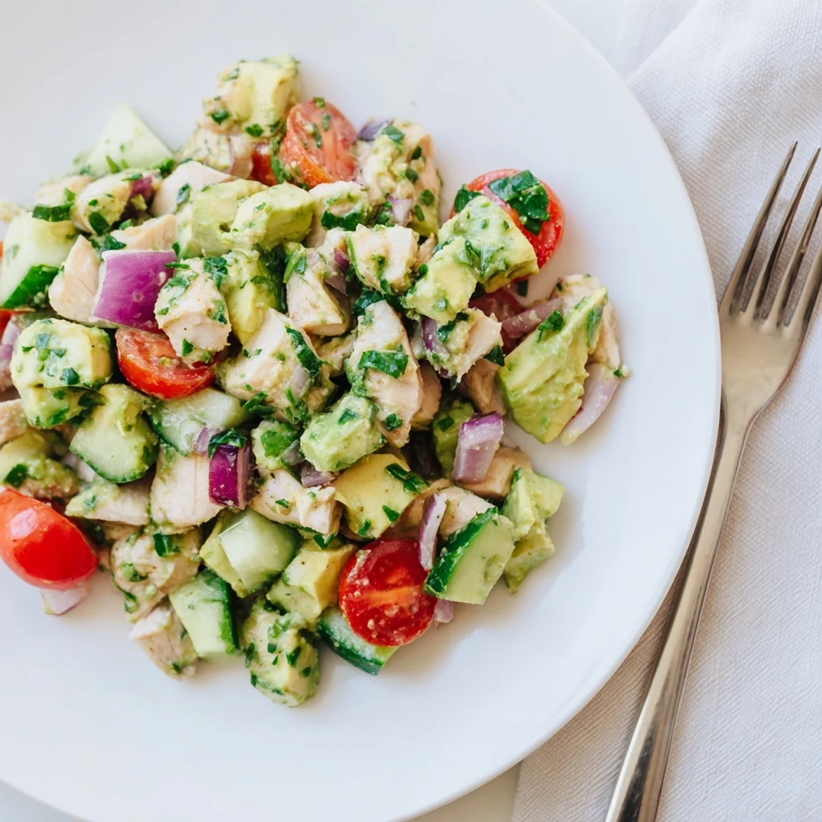 Colorful avocado chicken salad with cherry tomatoes and red onion, ready to serve on a rustic wooden table.