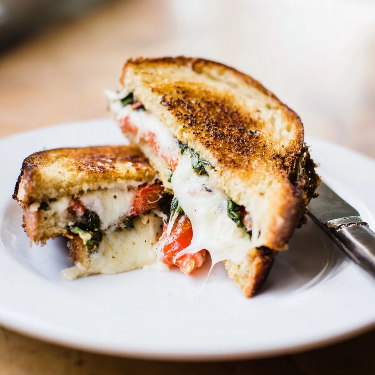 Golden-brown Tomato Basil Grilled Cheese on sourdough, oozing mozzarella and fresh basil.  
