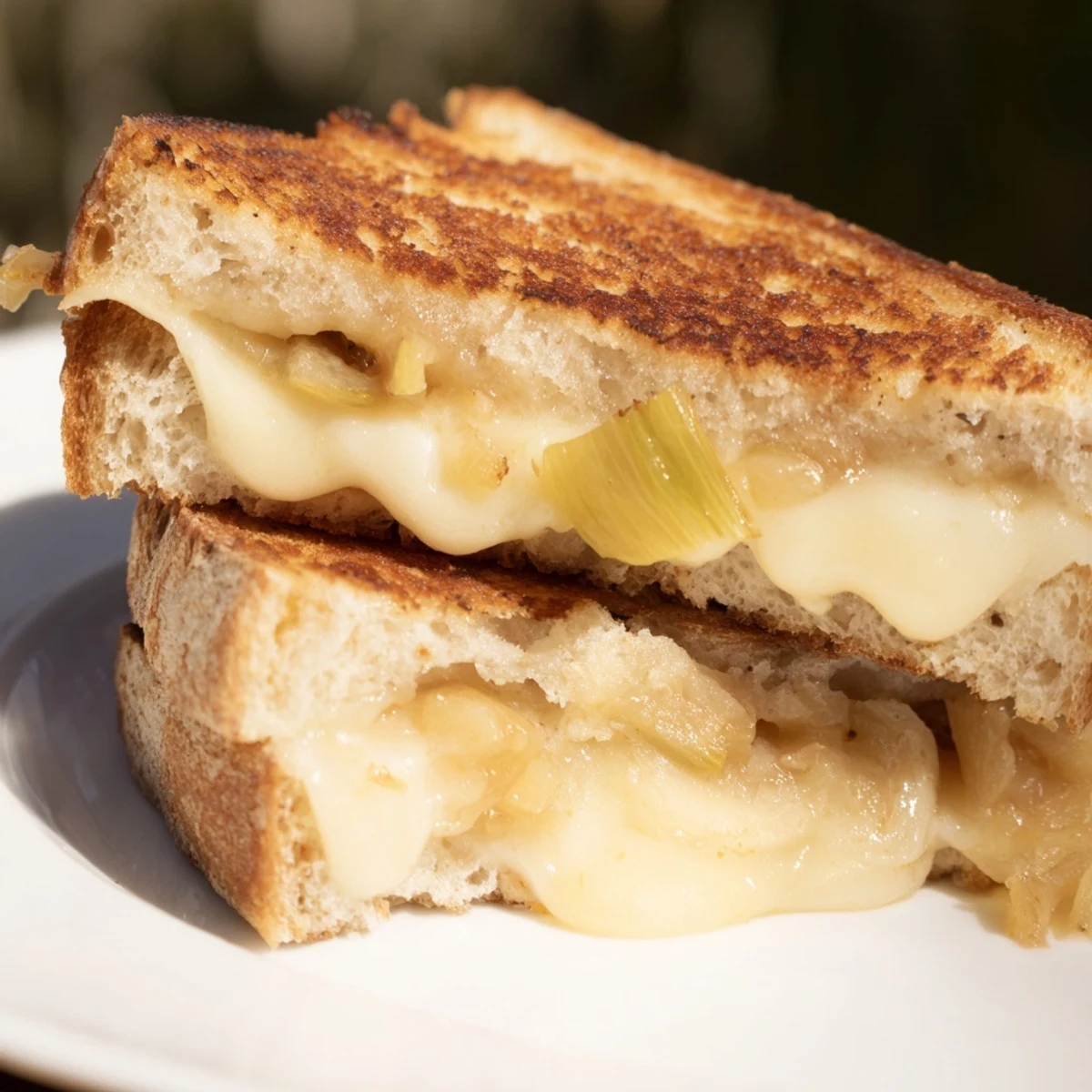 Slices of golden, buttery sourdough hold melted Havarti cheese and sweet caramelized leeks, a warm Havarti & Caramelized Leek Grilled Cheese on a plate.