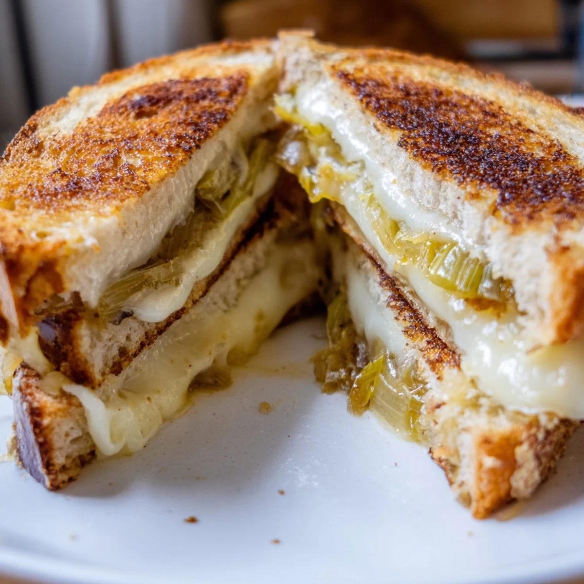 A close-up view of the Havarti & Caramelized Leek Grilled Cheese, with gooey cheese stretching from between crispy, golden-brown bread slices.
