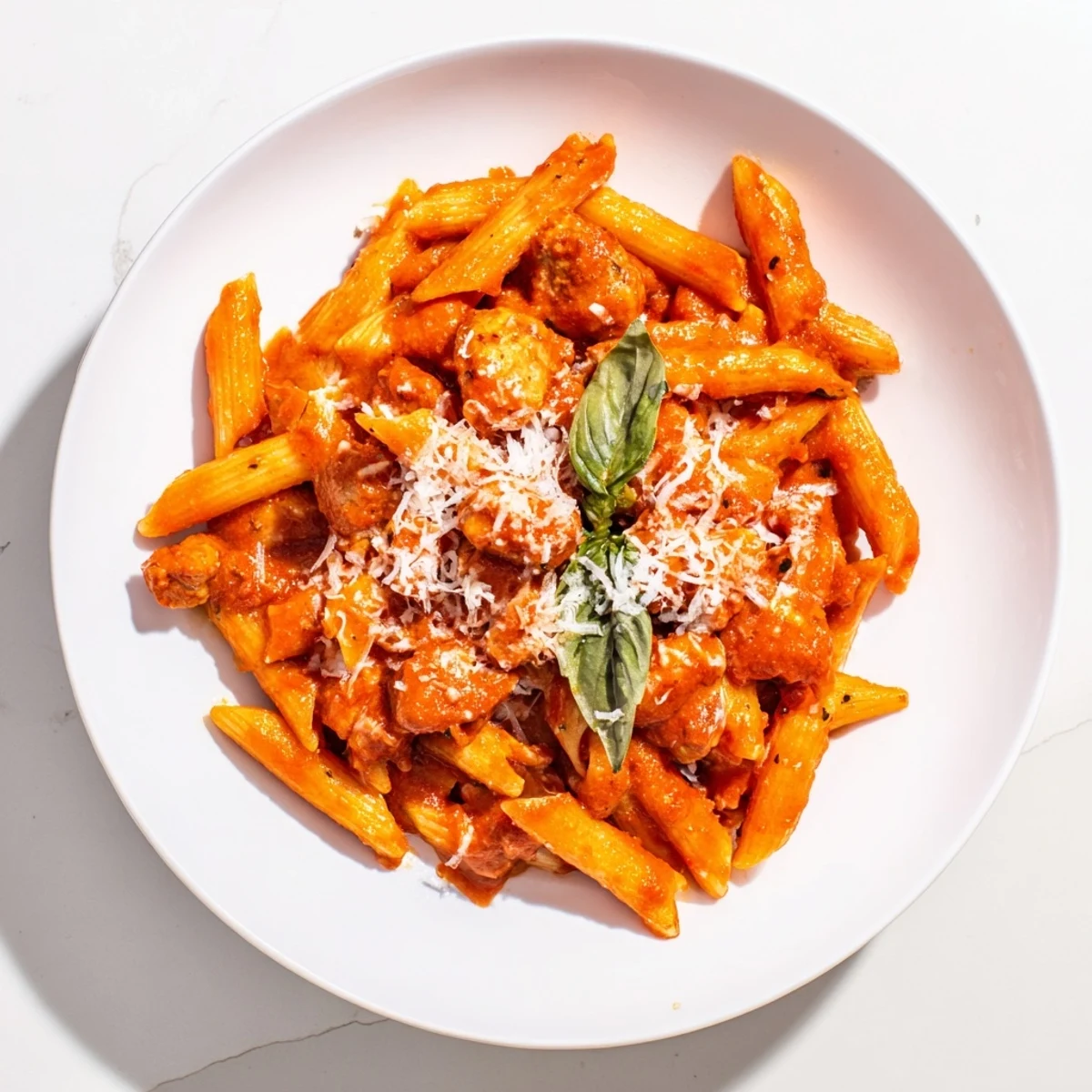Golden pieces of sautéed chicken rest atop al dente pasta, all coated in a rich, vibrant tomato-basil sauce.