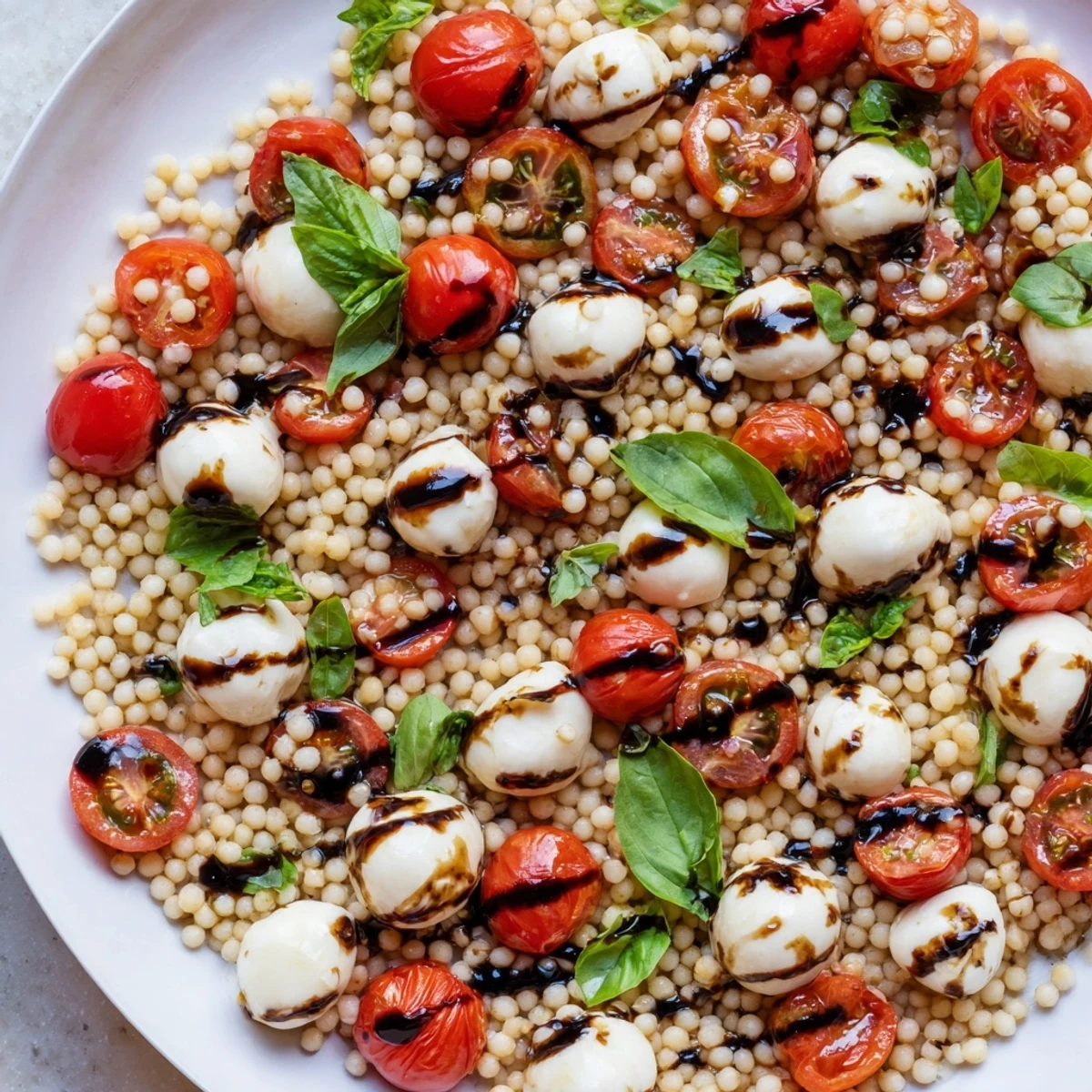 A vibrant Caprese Couscous Salad with juicy cherry tomatoes and creamy mozzarella balls on a serving platter. 
