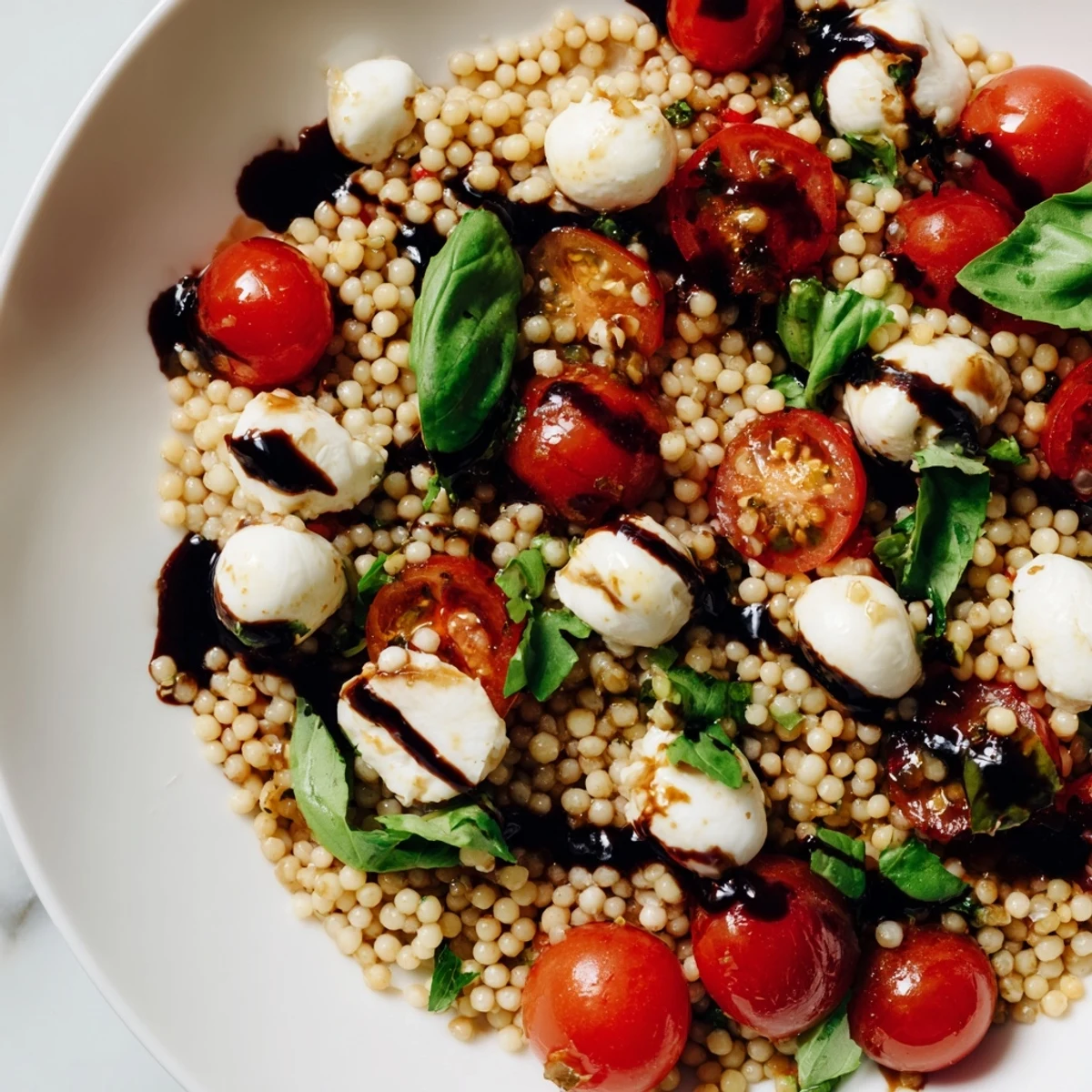 Overhead view of Caprese Couscous Salad, ready to serve with a drizzle of balsamic glaze on a rustic table.