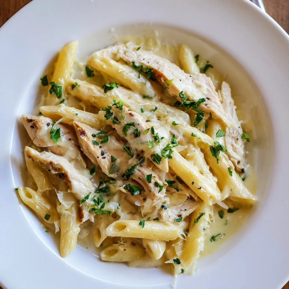 Golden-brown roasted chicken slices and penne pasta coated in a creamy roasted garlic sauce, garnished with fresh parsley and Parmesan, served warm in a white bowl.