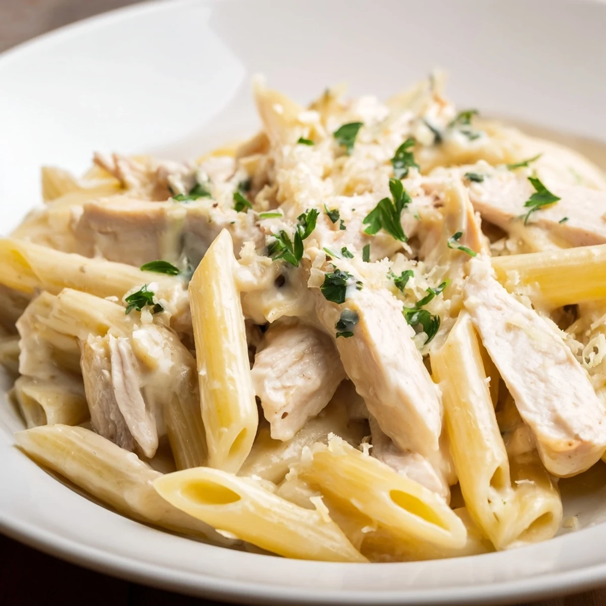 A close-up of tender Roasted Garlic Chicken Penne with steam rising, showcasing the rich, velvety sauce clinging to each pasta tube and piece of juicy chicken.