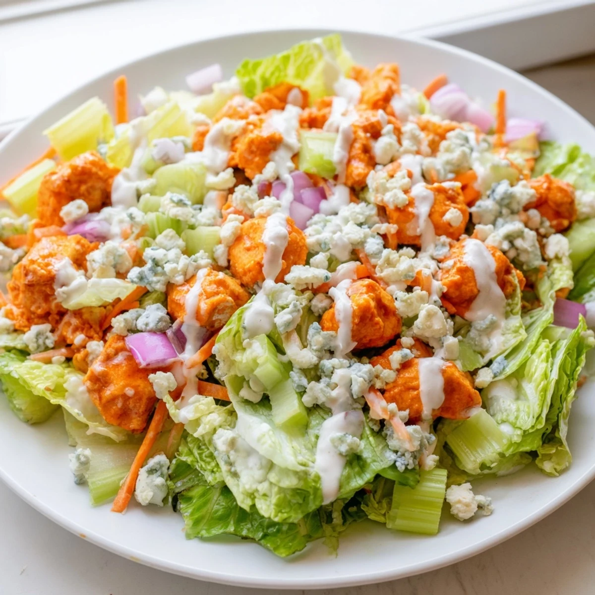 A close-up of a vibrant Buffalo Chicken Chopped Salad with chopped romaine, spicy chicken, celery, and blue cheese.