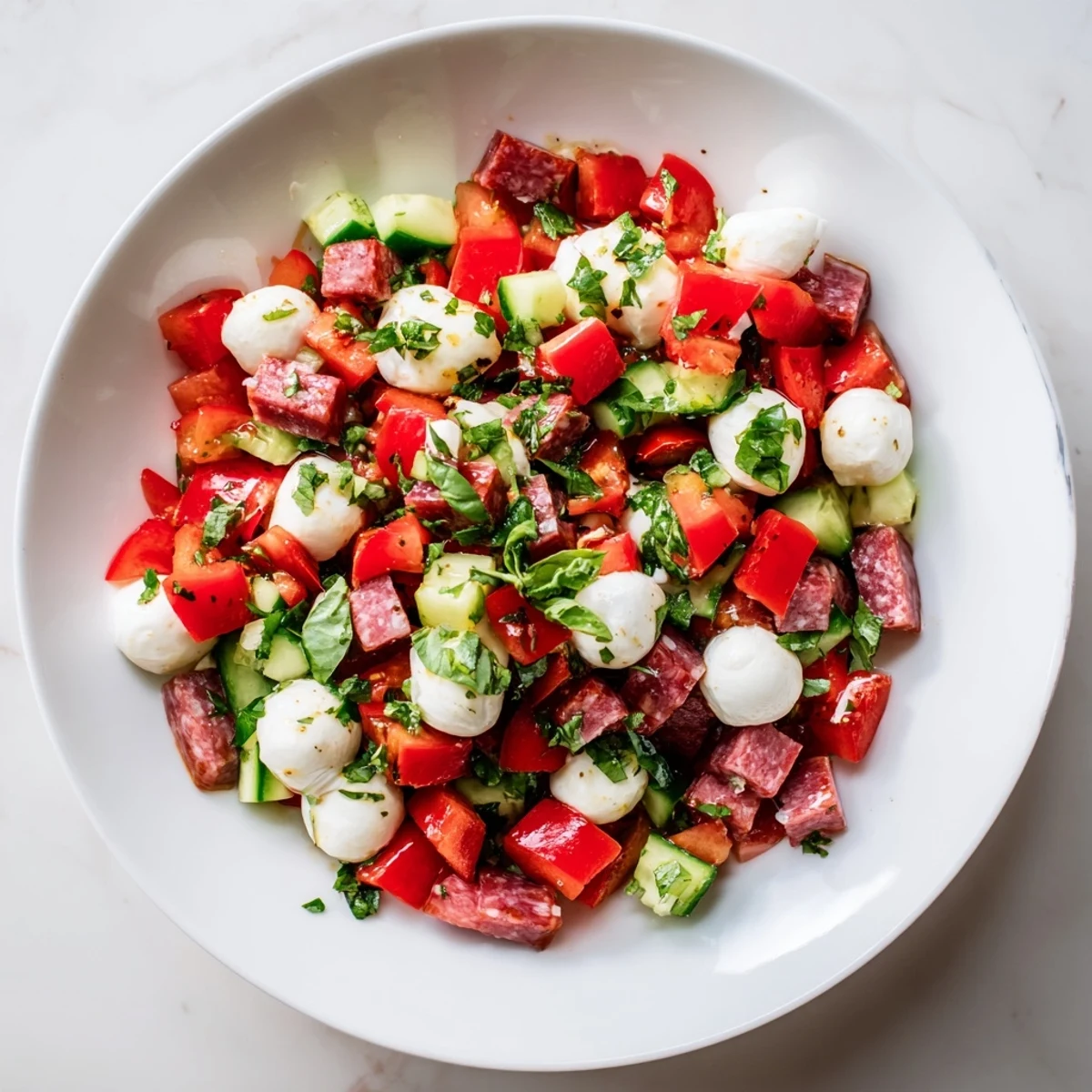 A close-up of the Crunchy Antipasto Chopped Salad in a white bowl, featuring colorful diced vegetables, salami cubes, and mozzarella pearls glistening with a vibrant Italian dressing.