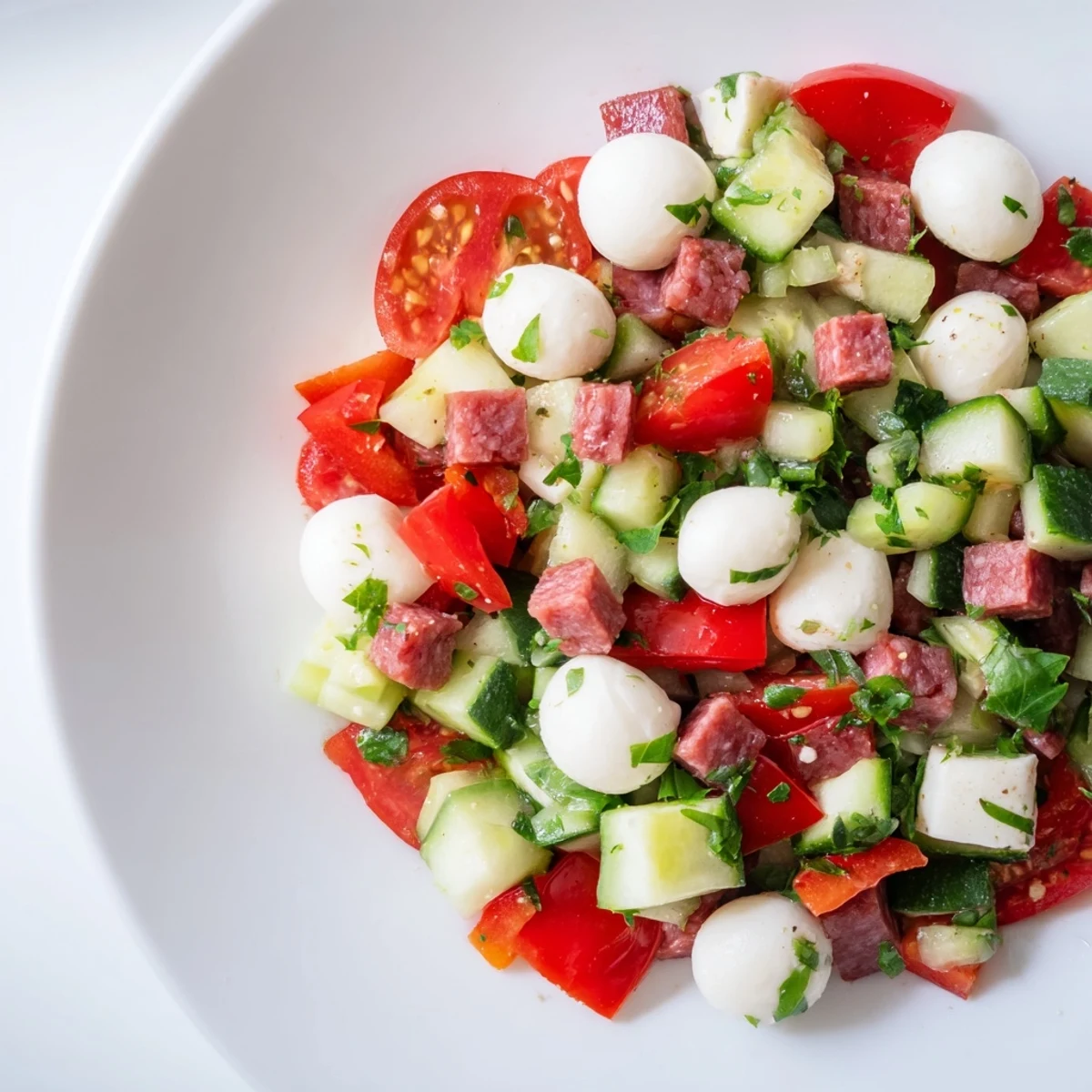 Freshly tossed Crunchy Antipasto Chopped Salad showcasing crisp cucumbers, red bell peppers, chickpeas, and pepperoncini, ready to serve as a bright and satisfying gluten-free meal.