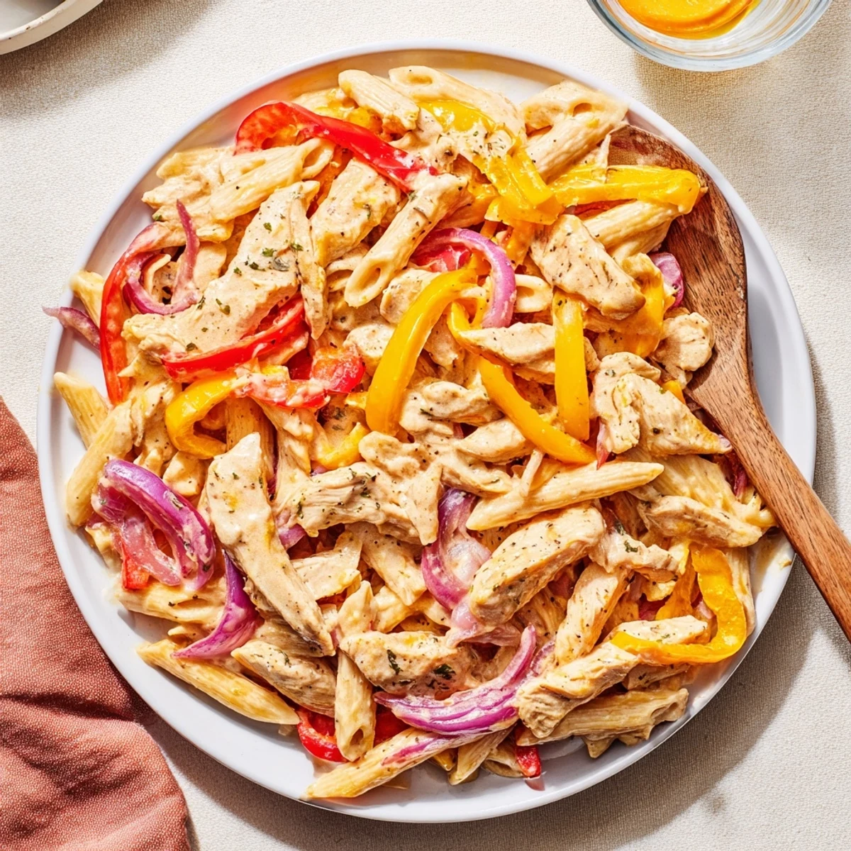 A close-up of creamy Fajita Chicken Pasta Skillet with colorful bell peppers and melted cheese.