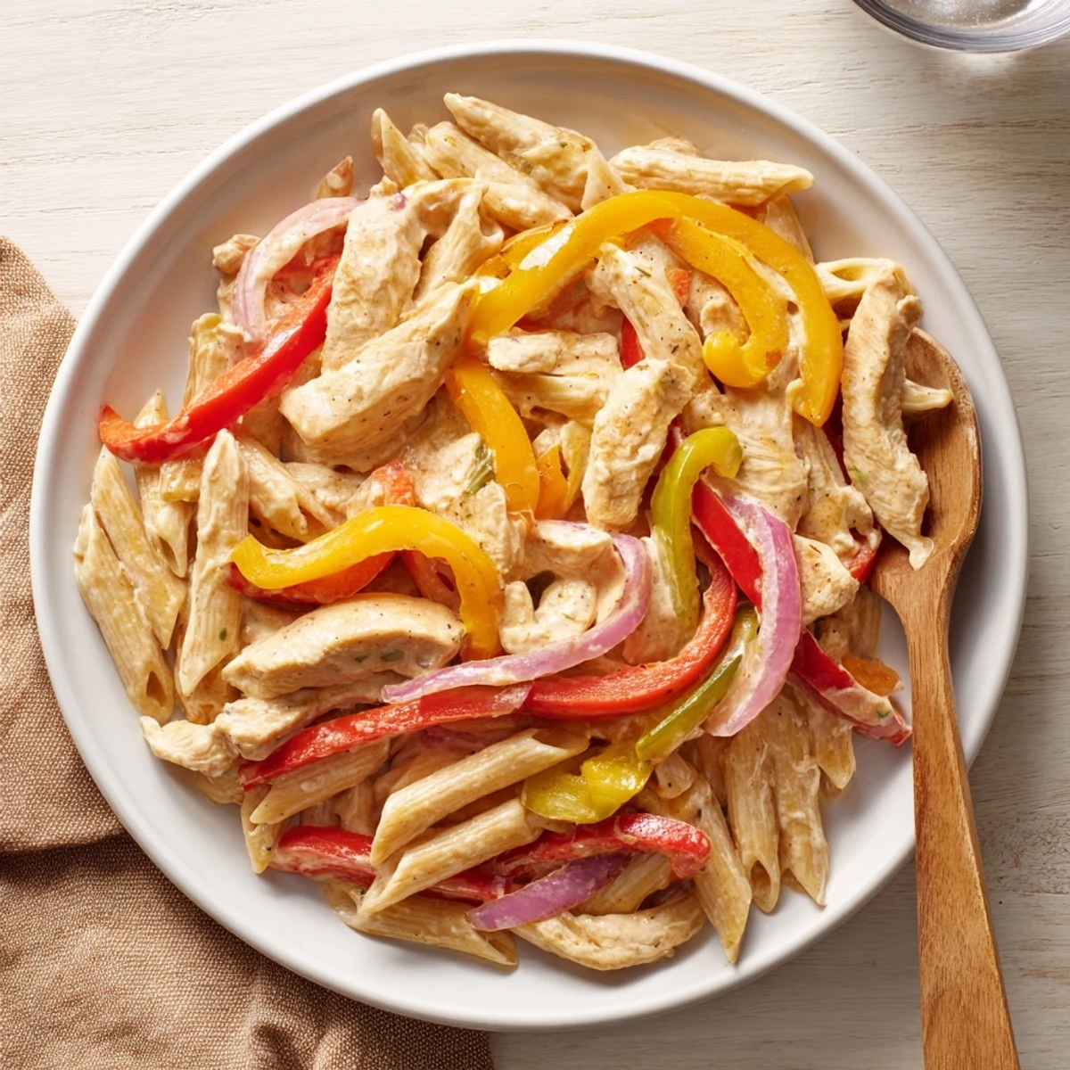 A vibrant skillet of Fajita Chicken Pasta with sautéed peppers, onions, and a rich sauce.
