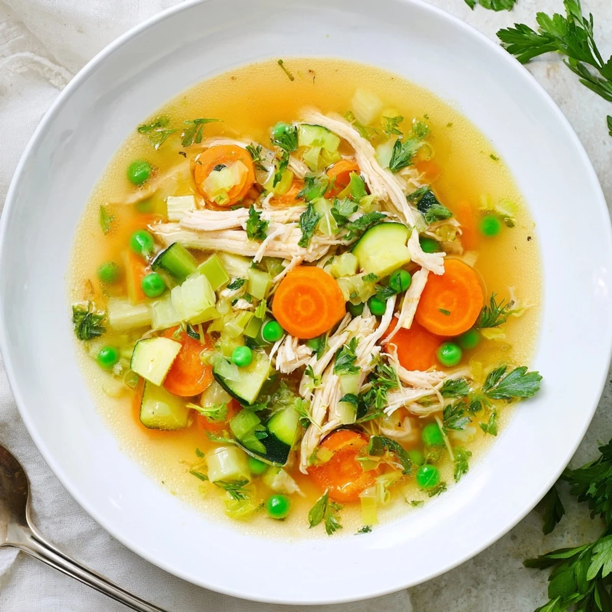 A steaming bowl of Spring Garden Chicken Soup with tender shredded chicken, carrots, and peas in a clear herb-infused broth.  