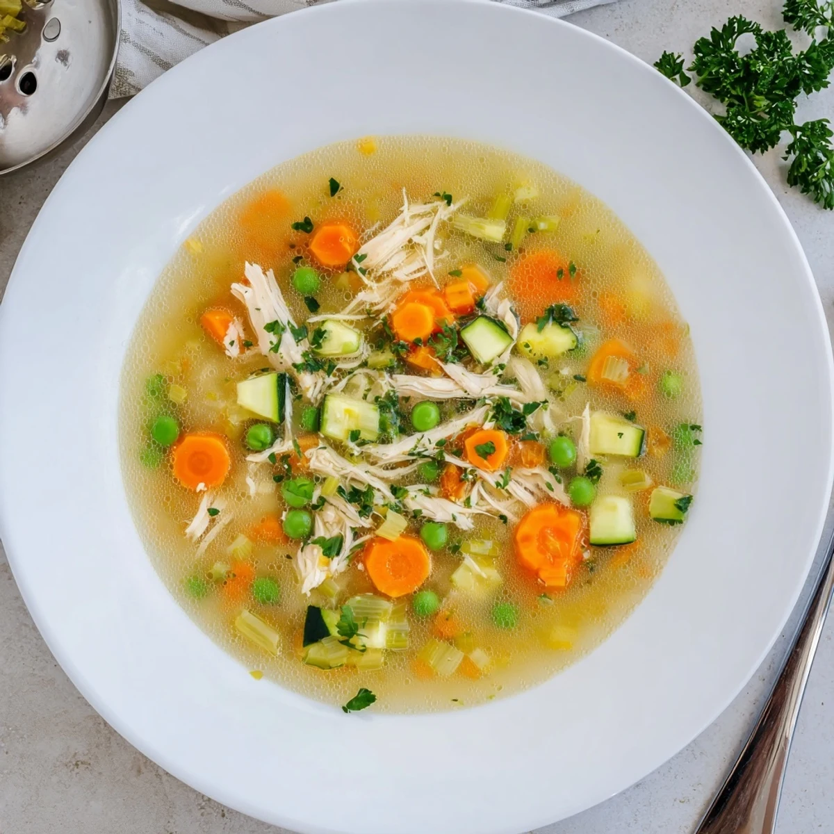 Vibrant spring vegetables like zucchini and peas float in a golden broth of Spring Garden Chicken Soup.