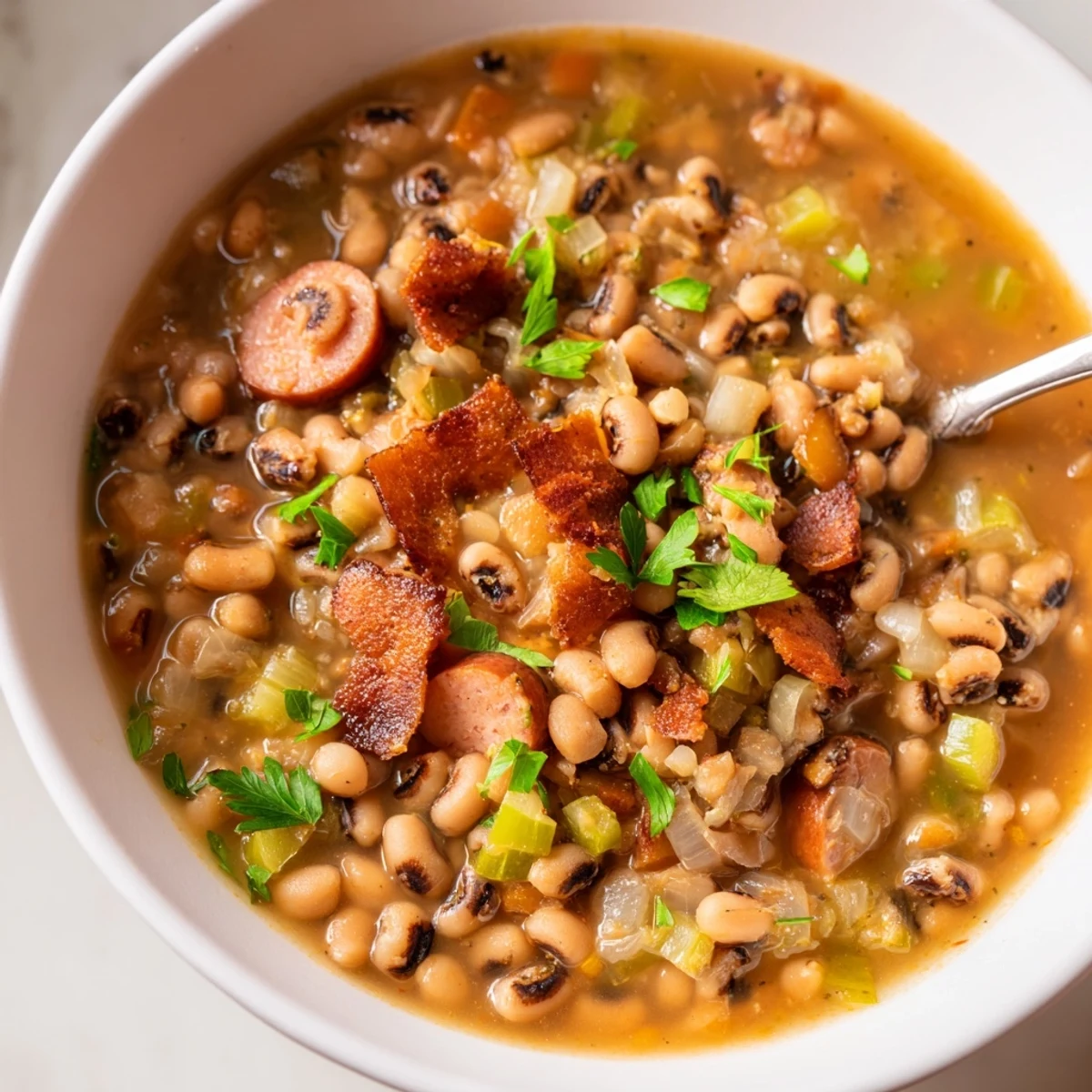 Steam rises from the pot of Southern-Style Black-Eyed Peas, revealing tender beans swimming in a smoky broth with chunks of sausage.