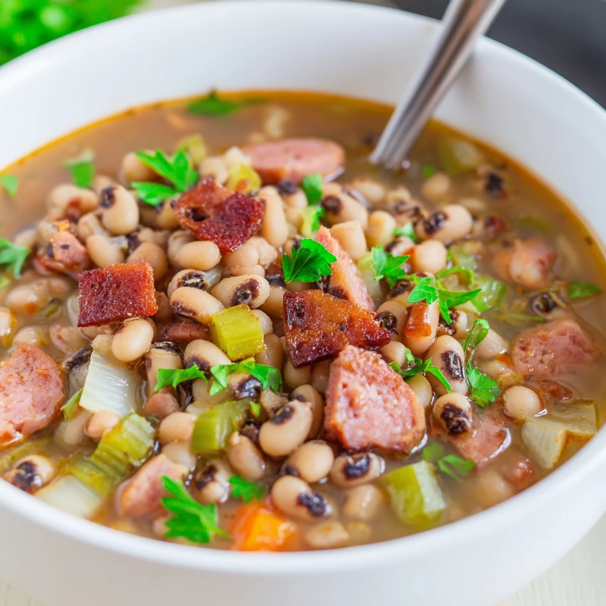 A close-up of Southern-Style Black-Eyed Peas reveals diced vegetables and smoky sausage in a rich, savory broth garnished with fresh parsley.
