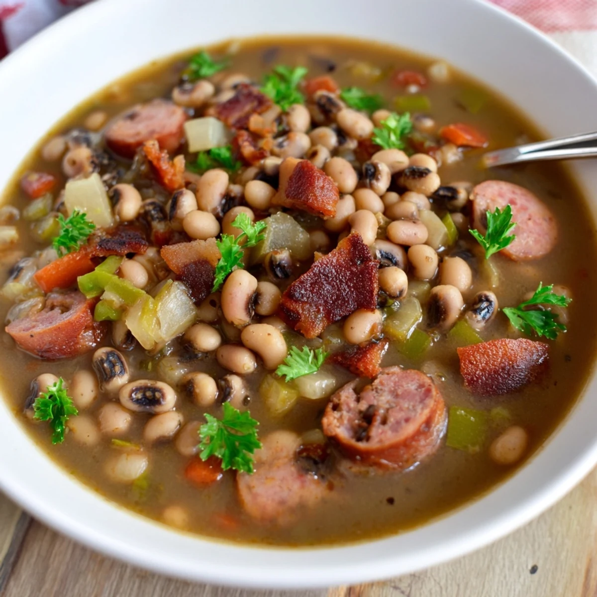 Hearty Southern-Style Black-Eyed Peas are served in a rustic bowl, ready to be enjoyed with a dash of hot sauce or cornbread.